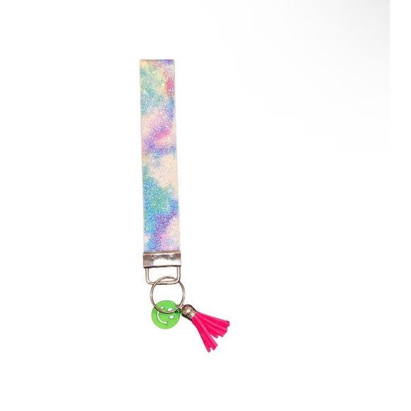 ☀️3/$12☀️ Tye Dye and Glitter Keychain Wristlet w/ Smiley Face Charm and Tassel - Picture 1 of 5